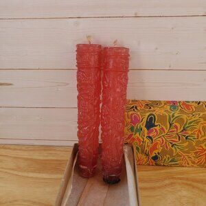 1960s Vibrant Red MCM Taper Candles With Original Retro Box Kitsch Style Decor